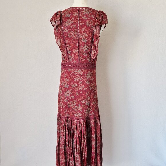 Sundance Harvest Floral Tiered Maxi Dress Ruffle Cap Sleeve Chiffon Red - Picture 9 of 16